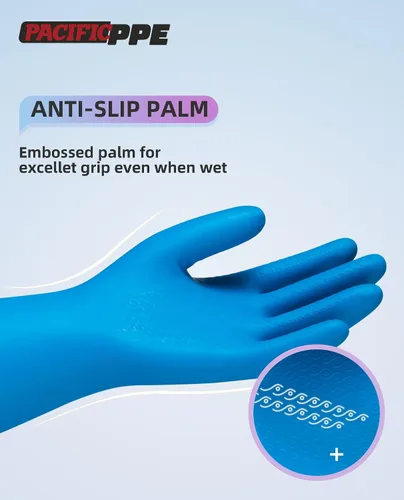 Vista 4 de PACIFIC PPE 4 pares de guantes de limpieza reutilizables para lavavajillas, hogar, cocina, forro de algodón, azul, talla S
