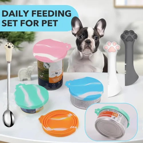 Vista 7 de Juego de 5 tapas y cucharas para latas de comida para mascotas, fundas de silicona para latas de comida para perros y gatos 2 lids fit most cans