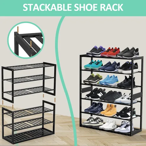 Vista 5 de Jripae Zapatero de bambú para entrada, estante organizador de zapatos apilable de 3 niveles, almacenamiento para 9-12 pares de zapatos, soporte