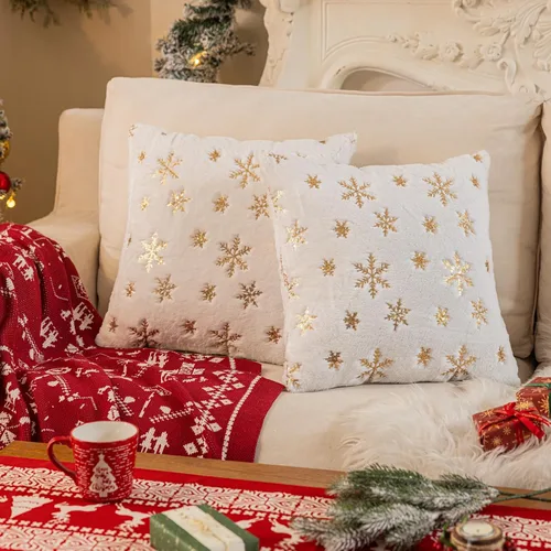 Vista 8 de LIGICKY Juego de 2 fundas de almohada de piel sintética blanca esponjosa con copos de nieve de lentejuelas doradas, decorativas, suaves, peludas