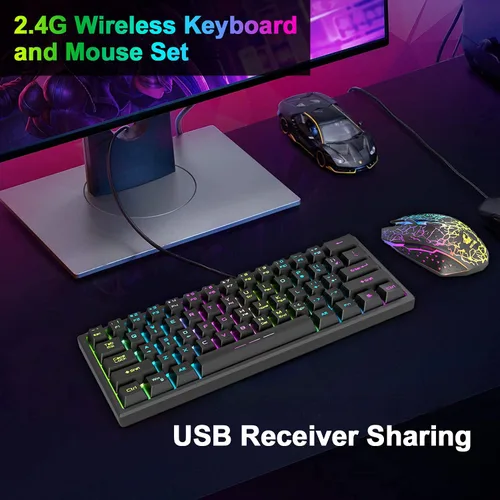 Vista 6 de Combo de teclado y mouse inalámbricos para juegos, teclado retroiluminado arcoíris de 61 teclas con recargable de 4000 mAh, sensación mecánica
