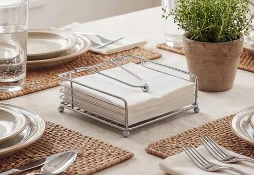 Vista 3 de hiwafifi Servilletero para mesa, dispensador de servilletas plano con brazo pesado, soporte cuadrado de papel de cóctel de elegante hierro rústico