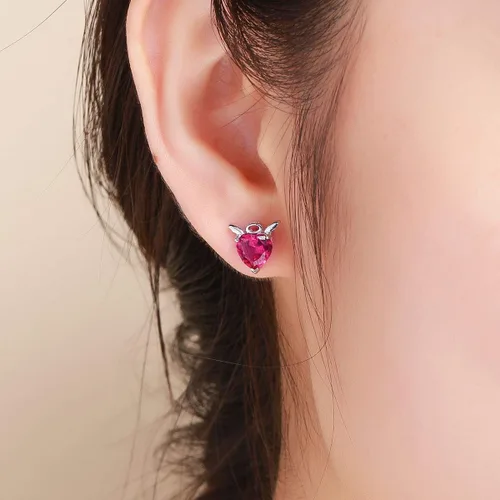 Vista 3 de Aretes de plata de ley 925 con forma de corazón de ángel y diablo para mujeres y niñas