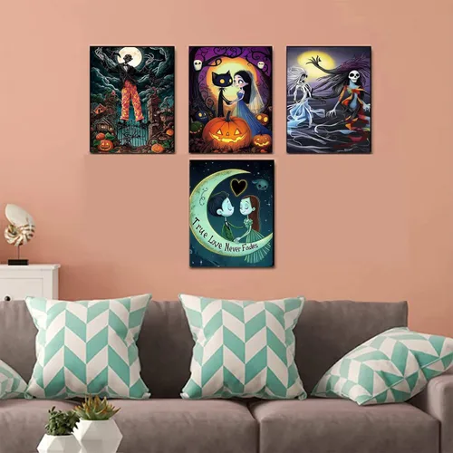 Vista 2 de GemZono Paquete de 4 kits de pintura de diamantes para adultos, bricolaje 5D de Halloween, pintura de diamante con diamantes redondos, kit