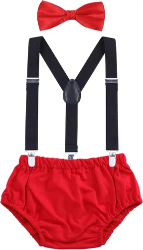 Vista 19 de AWAYTR Conjunto de bombones para bebé niño con tirantes y pajarita para fiesta de primer cumpleaños Beige