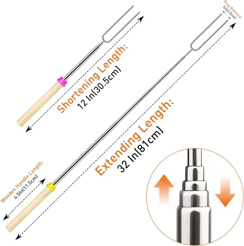 Vista 2 de Smores Sticks para hoguera, palos para asar malvaviscos de 32 pulgadas, tenedores extensibles de acero inoxidable con asas de madera, kit de 8