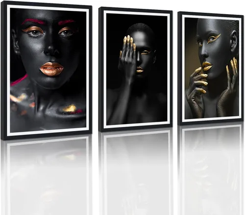Vista 8 de MAMAGO Lienzo decorativo para pared, pintura de belleza dorada y negra, fotos de mujeres africanas, hermosos pósteres de mujer negra, impresiones