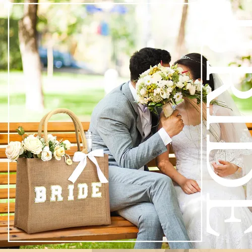 Vista 2 de Silkfly Bolsa de mano de novia de boda, regalo de despedida de soltera, bolsa de yute de playa con cinta para regalos de despedida de soltera
