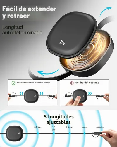 Vista 4 de Cable USB Tipo C Retráctil 5 en 1 de 100W, Paquete de 2 Cables de Carga Múltiple 5A Cable de Carga Rápida Cable USBC con USB A+C a L/C Accesorios