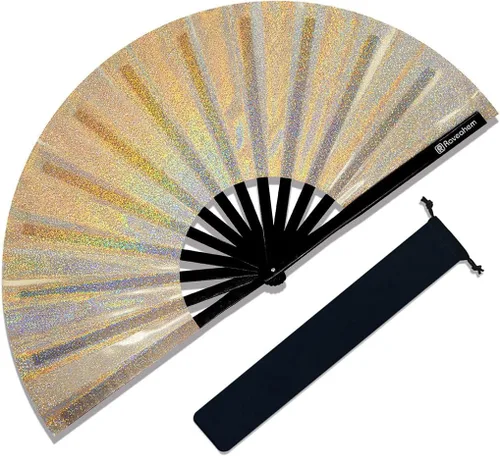 Vista 13 de Ventilador grande para rave, ventilador de mano plegable Clack con tela de primera calidad, marco de bambú grueso para hombres y mujeres, regalo