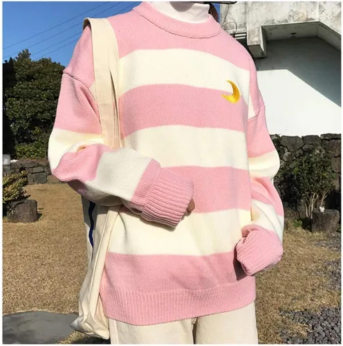 Vista 3 de Suéter Harajuku Moon para mujer, con cuello redondo, a rayas, para invierno, para estudiantes