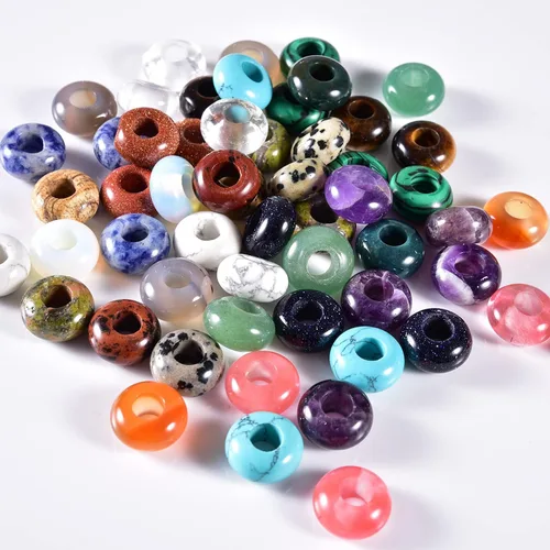 Vista 16 de Cuentas de piedra natural de agujero grande (0.23 a 0.236 pulgadas) pulidas Rondelle cuentas de piedras preciosas europeas para pulseras de dijes