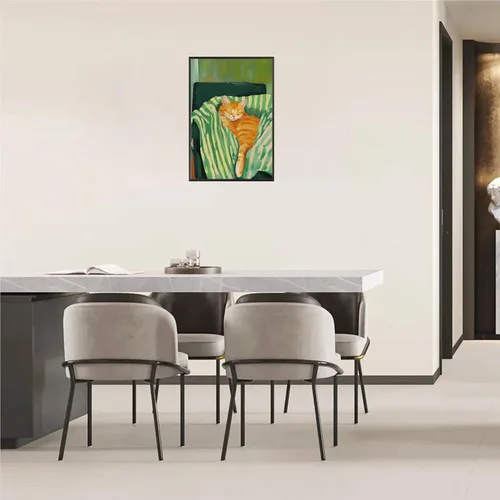 Vista 7 de Divertido póster de gato dormido vintage en el sofá, arte de pared de animales durmiendo, arte de pared contemporáneo de gato verde esmeralda