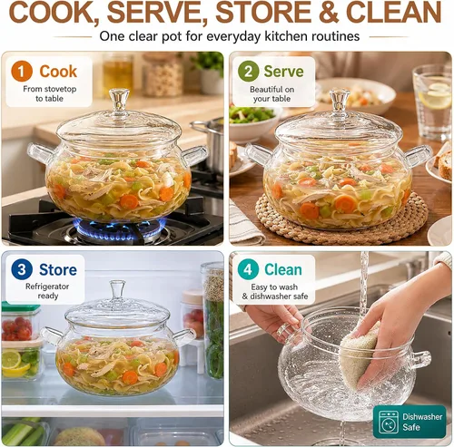 Vista 7 de Olla de vidrio de borosilicato, cacerola de 2.5 cuartos con tapa, apta para microondas, estufa y lavavajillas 3 QT borosilicate glass pot for