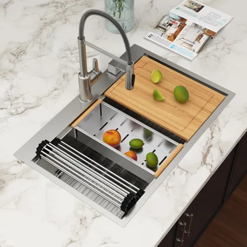 Vista 14 de Fregadero de cocina de 25 pulgadas, fregadero de un solo cuenco, color negro mate, calibre 18, 25 x 22 pulgadas, acero inoxidable, montaje superior