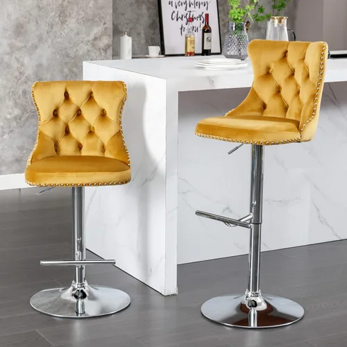 Vista 45 de Juego de 2 modernos taburetes de bar giratorios ajustables, sillas de bar copetudas de terciopelo beige con respaldo y ribete de cabeza de clavo