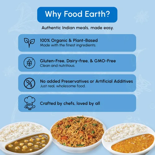 Vista 6 de Food Earth Paquete de cocina india listo para comer, curry de lentejas partidas, garbanzos al curry con arroz al vapor y verduras Biryani