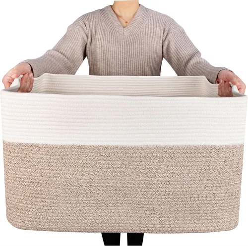 Vista 10 de MINTWOOD Design Canasta de manta extra grande de 22 pulgadas para sala de estar, canasta de almacenamiento tejida de cuerda rectangular con asas