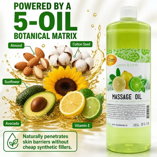 Vista 4 de SPA REDI Aceite de masaje de limón y lima, mezcla botánica de 5 aceites para preparación de tejidos profundos y pedicura, absorción rápida sin
