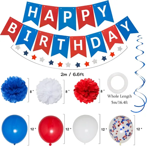 Vista 7 de Decoraciones de cumpleaños azules, blancas y rojas, kit de suministros de fiesta patriótica para hombres, mujeres y niños, pancarta de feliz
