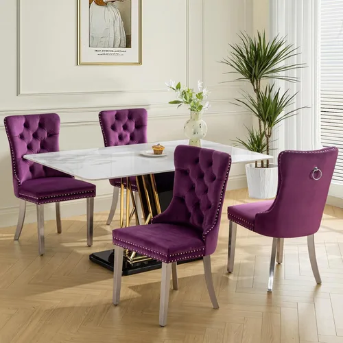 Vista 151 de SoarFlash Juego de 2 sillas de comedor de terciopelo, silla lateral de respaldo alto, silla lateral moderna tapizada de alta gama con botones Beige