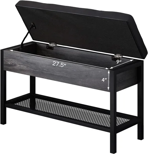 Vista 5 de Vibe & Dine Banco de almacenamiento con asiento acolchado de cuero, banco de zapatos para entrada con caja de almacenamiento abatible, banco otomano