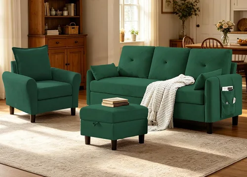 Vista 15 de Juego de sofá seccional, sofá convertible de 77 pulgadas y silla decorativa de 35 pulgadas, sofá pequeño en forma de L de 3 asientos con otomana