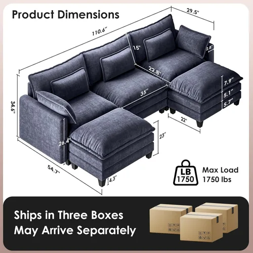 Vista 2 de Marsail - Sofá modular modular de 110.6 pulgadas, sofá de asiento profundo en nube, azul marino