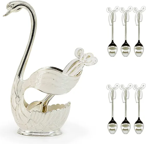 Vista 10 de Flylin Juego de cucharas de postre de café, soporte con base de cisne con 6 cucharas de helado, cucharaditas de café, postre y azúcar, cubiertos