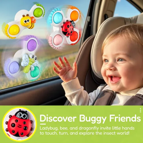Vista 6 de ALASOU 3 piezas de juguetes sensoriales de viaje en avión con ventosa para niños de 1 año Novedad Spinning Tops 12 18 meses Regalo de cumpleaños