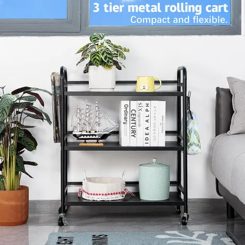 Vista 3 de HDANI Carrito de metal rodante de 3 niveles, carrito multiusos de alta capacidad resistente para oficina, cocina, sala de estar, dormitorio, negro