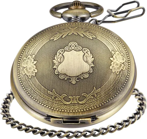 Vista 2 de Reloj de bolsillo de cuarzo para hombre, esfera digital romana negra con cadena, Marrón, Retro