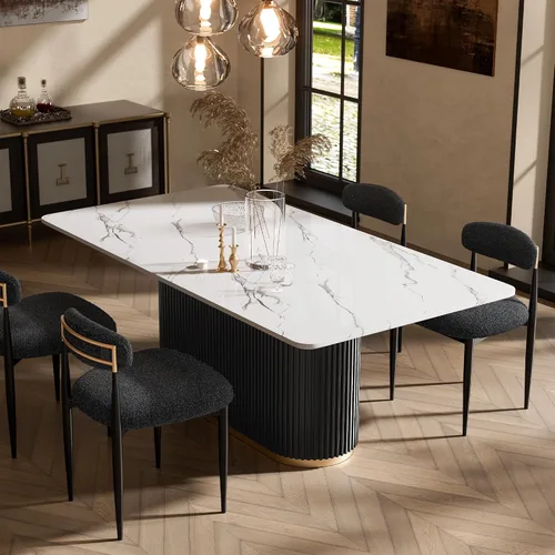 Vista 13 de Juego de mesa de comedor moderno Morden Fort para 4, mesa de cocina de 70" con tapa rectangular de mármol y base estriada negra, 4 sillas tapizadas