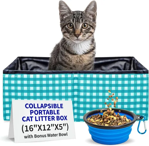 Vista 9 de Pet Fit For Life - Vibrante caja de arena plegable para gatos - Portátil, plegable, diseño compacto con cuenco de agua adicional - Ideal para coche