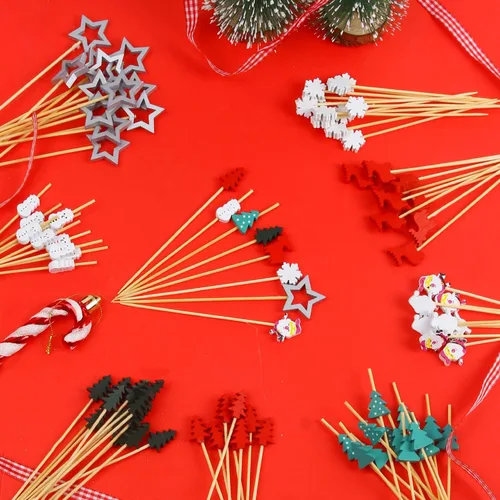 Vista 4 de KIMOBER 160 palillos de cóctel de Navidad, varios palillos de dientes de frutas de bambú para alimentos, aperitivos, bebidas, decoración de pasteles