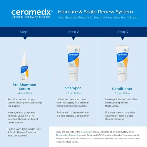 Vista 8 de Ceramedx Champú renovador para cabello y cuero cabelludo con tecnología Riceramide-3 a base de plantas, hidratación profunda para cabello seco