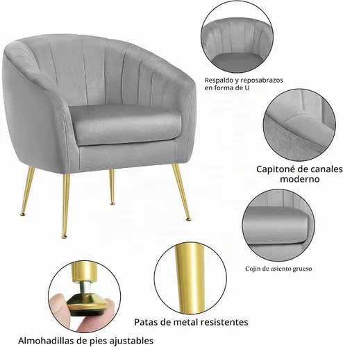 Vista 4 de Yaheetech Silla de Tocador Moderna, Silla de Acento de Terciopelo Suave con Patas de Metal Dorado, Sillón Acolchado Chaise Longue para Sala de Gris