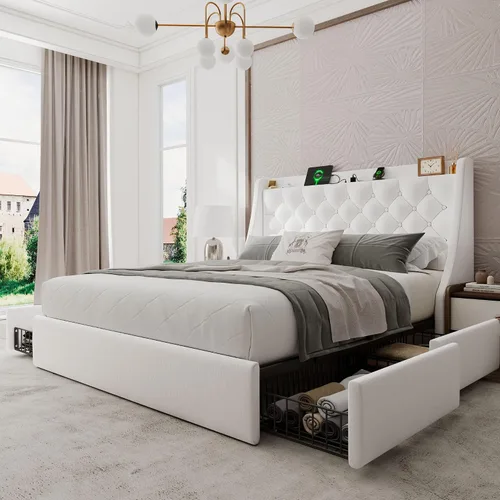 Vista 11 de Einhomn Base de cama tapizada de tamaño completo con 4 cajones de almacenamiento, cama de plataforma con cabecera con respaldo de ala, estación