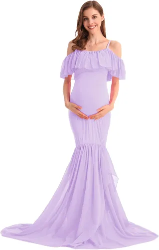 Vista 26 de MYRISAM Vestido de maternidad con volantes y hombros descubiertos para mujer, vestido de fiesta de sirena de gasa, vestido ajustado