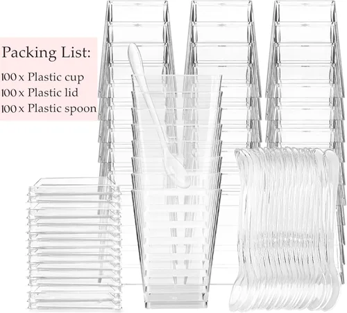Vista 7 de TOFLEN Paquete de 100 Tazas de Postre de Plástico de 5 oz con Tapas para Fiestas, Mini Tazas de Postre con Cucharas Tazas Shooter de Postre
