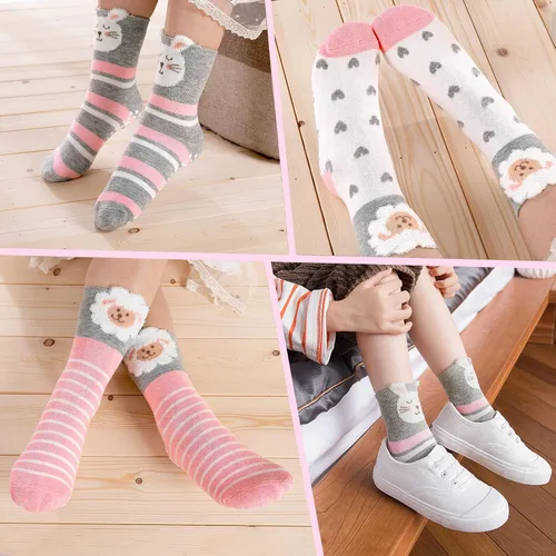 Vista 6 de Hellomamma Calcetines de algodón antideslizantes para niños pequeños, calcetines de tripulación de animales lindos con agarres, calcetines