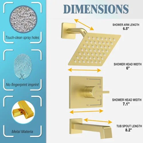 Vista 7 de SOOOHOT Accesorios de ducha dorados cepillados, juego de grifo de bañera y ducha con cabezal de ducha dorado de 6 pulgadas y boquilla de tina, juego