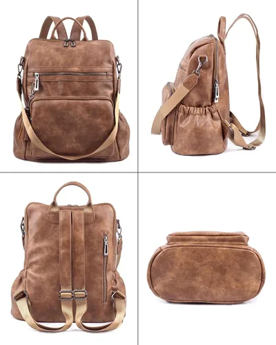 Vista 5 de Mochila de cuero para mujer, diseño de moda, bolsa de hombro convertible con borlas, Marrón, Mochilas Tote