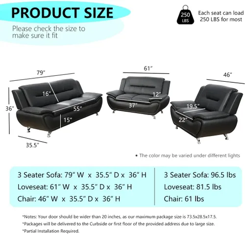 Vista 2 de Juego de muebles de sala de estar de 3 piezas, sofás seccionales, juego de sofá de cuero negro, juego de sofá moderno para sala de estar, negro#2
