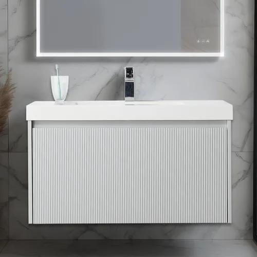 Vista 50 de Blossom Lavabo de baño de 20 pulgadas con tocador, todo en madera montado en la pared, gabinete flotante de baño con tocador con fregadero