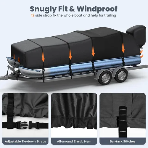 Vista 6 de RVMasking Cubierta para barco pontón con cubierta para motor, 1400D resistente reforzada en el medio, cubierta impermeable para barco de grado