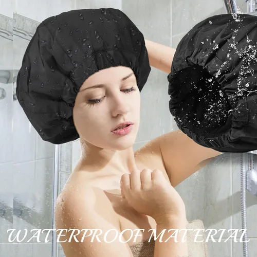 Vista 3 de Gorro de ducha para mujer, gorro de baño negro, reversible, grande, impermeable, ajustable, forro de rizo y banda elástica, dobladillo elástico