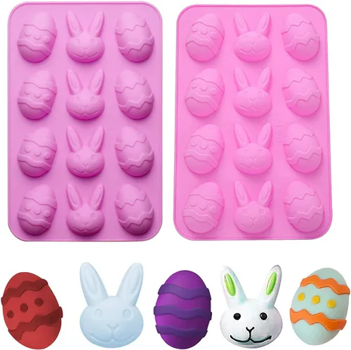Vista 10 de Paquete de 2 moldes de silicona para piruletas de Pascua, 8 moldes de silicona para piruletas de conejito de cavidad, molde de caramelo duro