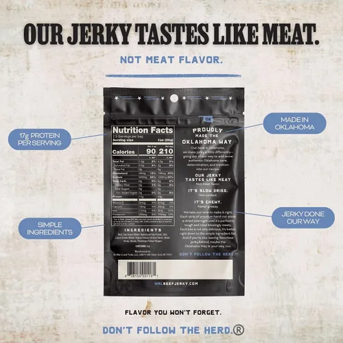 Vista 2 de No Mans Land Beef Jerky - Pimienta negra Tiras de carne seca secadas lentamente, ahumadas y sazonadas Bocadillo de carne de res alto
