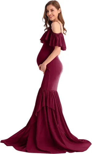 Vista 22 de MYRISAM Vestido de maternidad con volantes y hombros descubiertos para mujer, vestido de fiesta de sirena de gasa, vestido ajustado